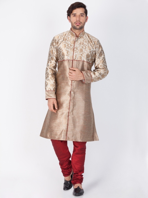 

Vastramay Men Beige & Maroon Sherwani with Churidar, Brown