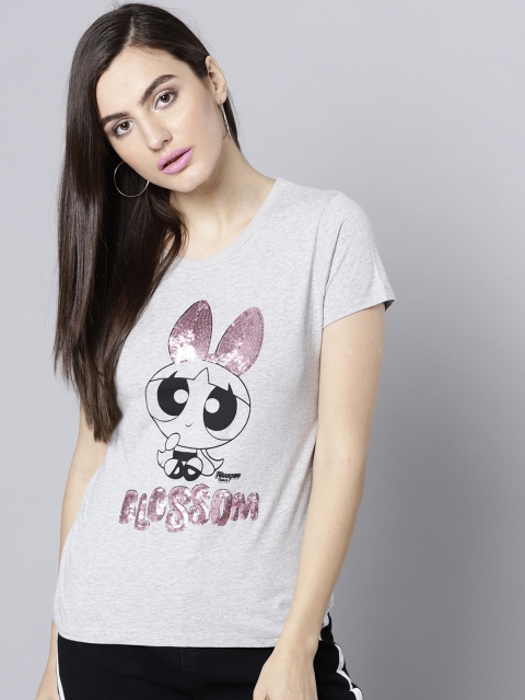 

Powerpuff Girls by Kook N Keech Women Grey Melange Printed Round Neck T-shirt
