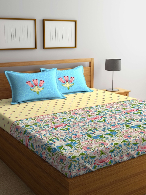 

Portico New York Cream-Coloured & Yellow Floral Flat 210 TC Cotton 1 King Bedsheet with 2 Pillow Covers