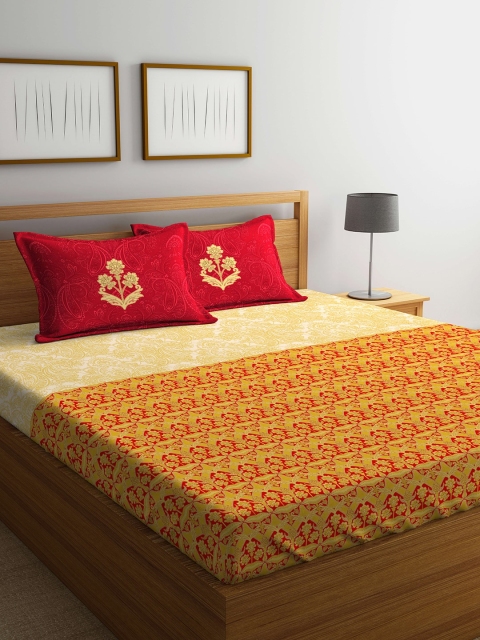 

Portico New York Red & Yellow Ethnic Motifs Flat 210 TC Cotton 1 King Bedsheet with 2 Pillow Covers