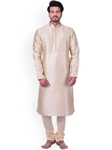 

Manyavar Men Cream-Coloured & Beige Self Design Kurta with Churidar