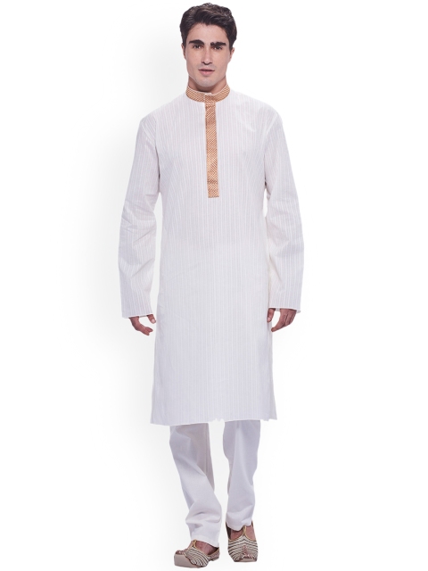 

Manyavar Men White Striped Kurta with Pyjama