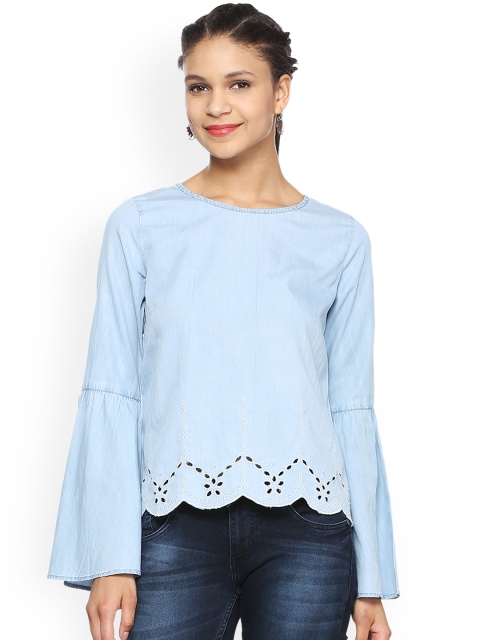 

People Women Blue Schiffli Embroidered Top