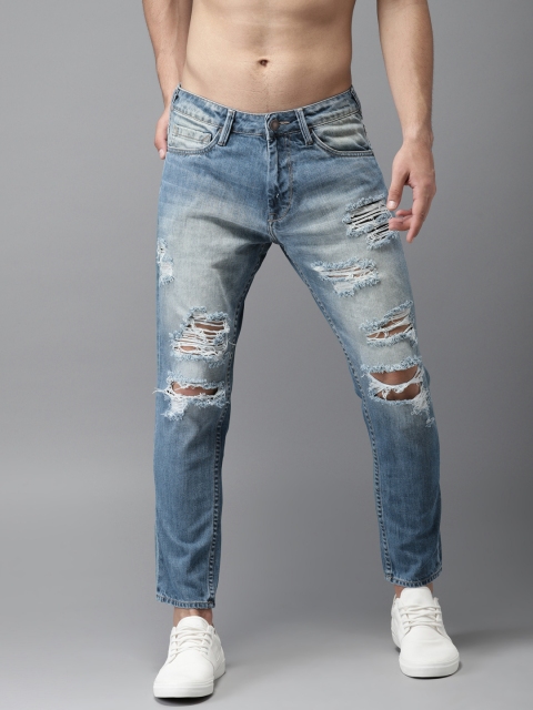 

HERE&NOW Men Blue Slim Fit Mid-Rise Highly Distressed Cropped Jeans
