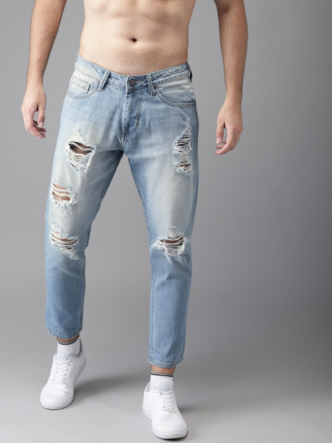 

HERE&NOW Men Blue Slim Fit Mid-Rise Highly Distressed Cropped Jeans