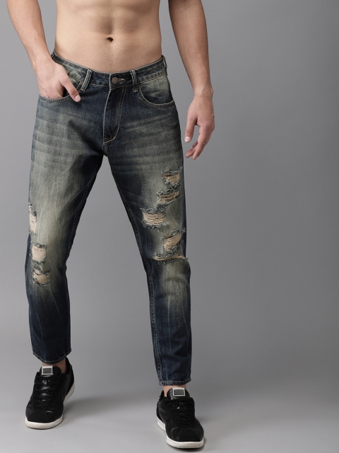 

HERE&NOW Men Blue Slim Fit Mid-Rise Highly Distressed Cropped Jeans
