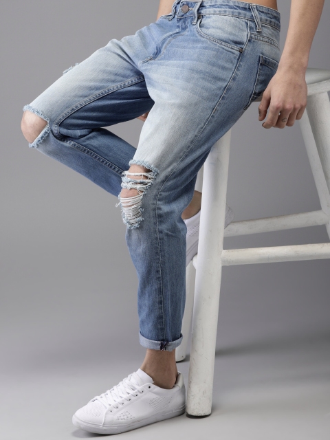 

HERE&NOW Men Blue Slim Fit Mid-Rise Highly Distressed Cropped Jeans