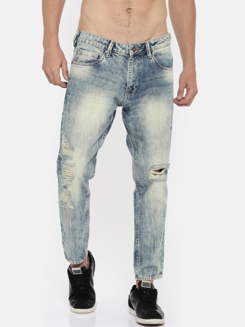 

HERE&NOW Men Blue Slim Fit Mid-Rise Highly Distressed Cropped Jeans