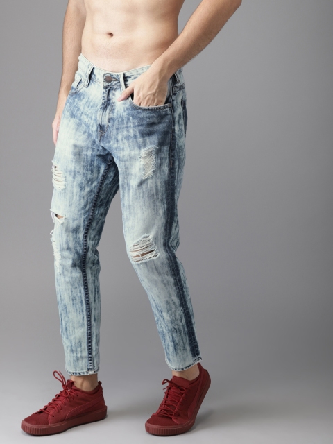 

HERE&NOW Men Blue Slim Fit Mid-Rise Mildly Distressed Stretchable Cropped Jeans