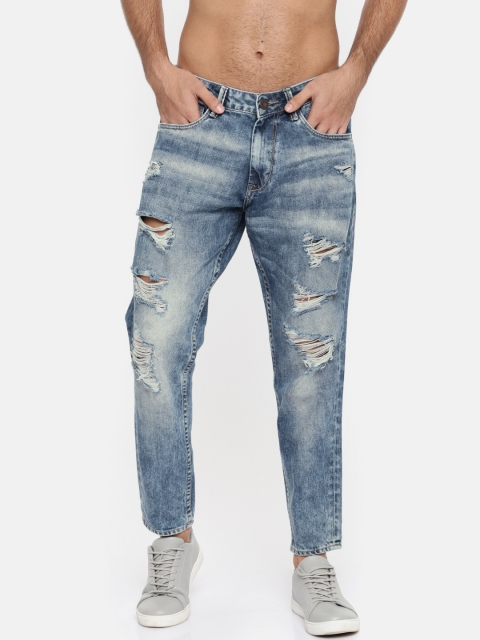 

HERE&NOW Men Blue Slim Fit Mid-Rise Highly Distressed Cropped Jeans