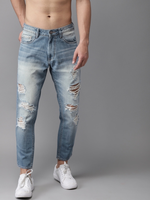 

HERE&NOW Men Blue Slim Fit Mid-Rise Highly Distressed Cropped Jeans