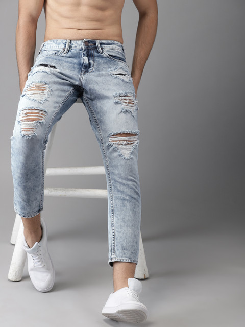

HERE&NOW Men Blue Slim Fit Mid-Rise Highly Distressed Cropped Jeans