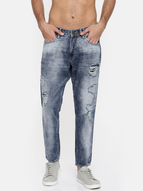 

HERE&NOW Men Blue Slim Fit Mid-Rise Highly Distressed Cropped Jeans