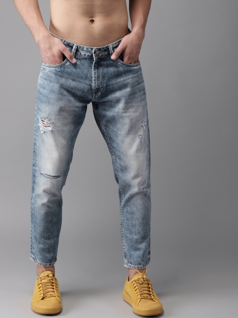 

HERE&NOW Men Blue Slim Fit Mid-Rise Mildly Distressed Cropped Jeans