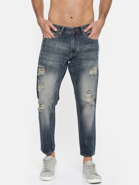 

HERE&NOW Men Blue Slim Fit Mid-Rise Highly Distressed Cropped Jeans