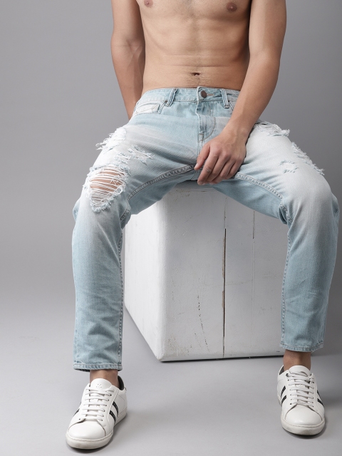 

HERE&NOW Men Blue Slim Fit Mid-Rise Highly Distressed Cropped Jeans