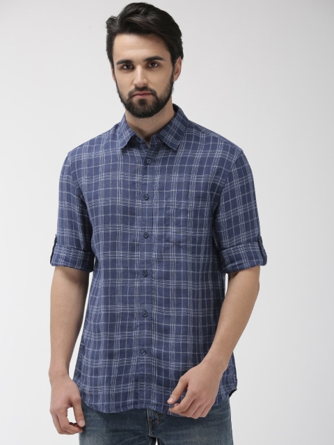 

Celio Men Blue Pure Linen Regular Fit Checked Casual Sustainable Shirt