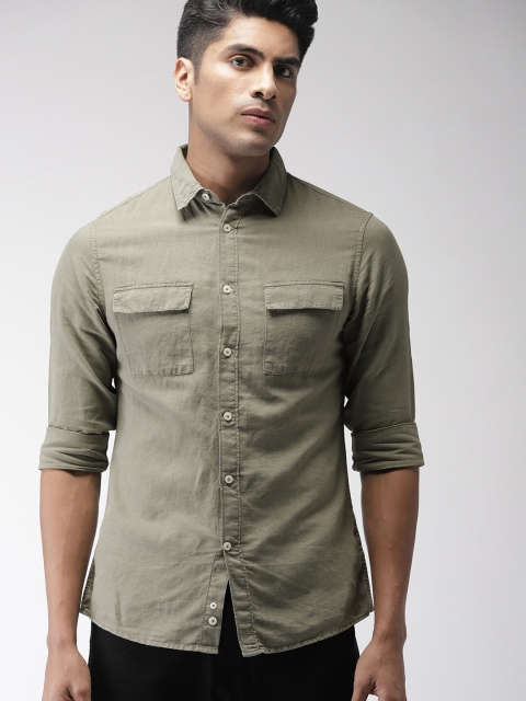 

Celio Men Olive Green Slim Fit Solid Casual Pure Linen Sustainable Shirt