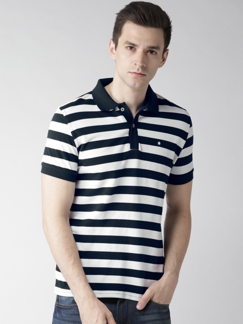 

Celio Men Navy Blue White Striped Polo Collar Pure Cotton T-shirt