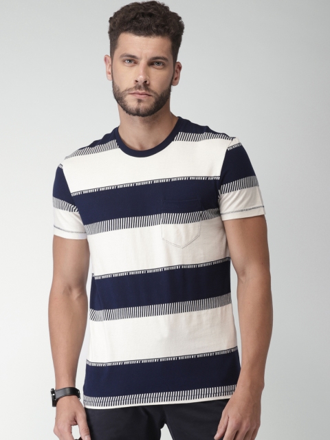 

Celio Men Off-White & Blue Striped Round Neck T-shirt with Chest Pocket