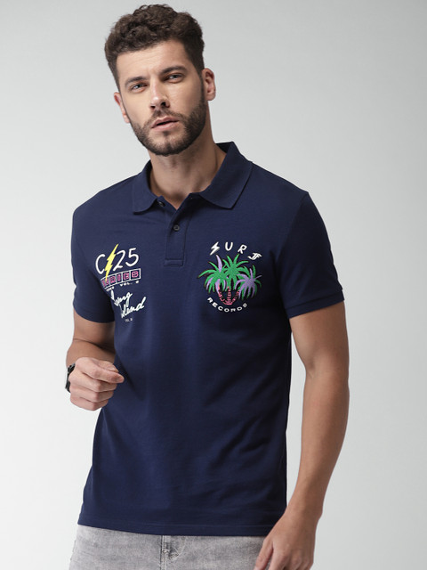 

Celio Men Navy Blue Printed Polo Collar Pure Cotton T-shirt