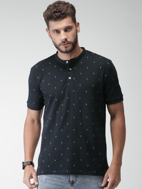 

Celio Men Navy Blue Printed Mandarin Collar T-shirt