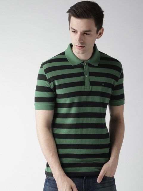

Celio Men Green Navy Blue Striped Polo Collar Pure Cotton T-shirt