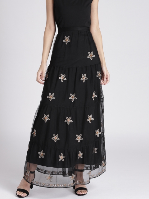 

Splash Women Black Embroidered Net Maxi A-Line Skirt