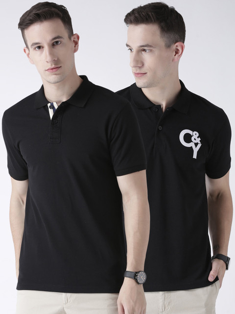 

Club York Men Pack of 2 Black Solid Polo-Neck T-shirts