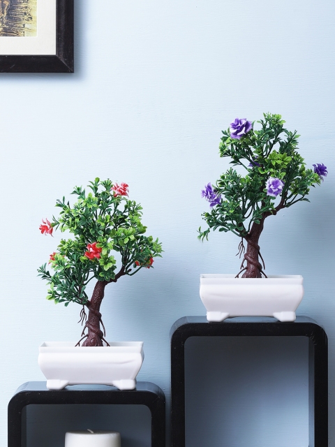

FOLIYAJ Set Of 2 Green, Purple & Red Artificial Bonsai Tree with Plastic White Pot