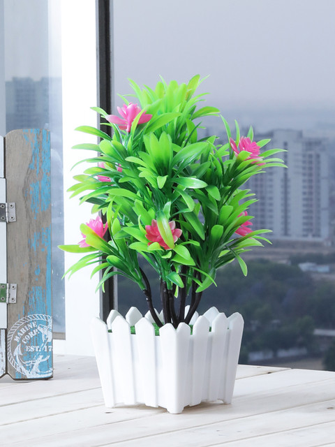 

FOLIYAJ Green & Pink Artificial Bonsai Tree with White Plastic Pot