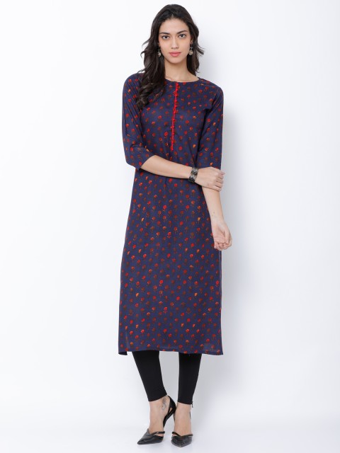 

Vishudh Women Navy Blue & Red Printed Straight Kurta