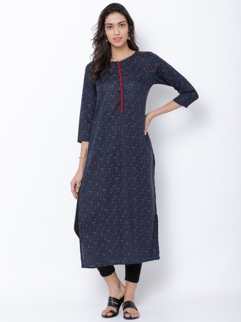 

Vishudh Women Navy Blue & Red Printed Straight Kurta