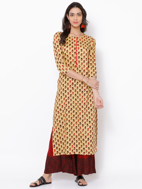 

Vishudh Women Beige & Maroon Printed Straight Kurta