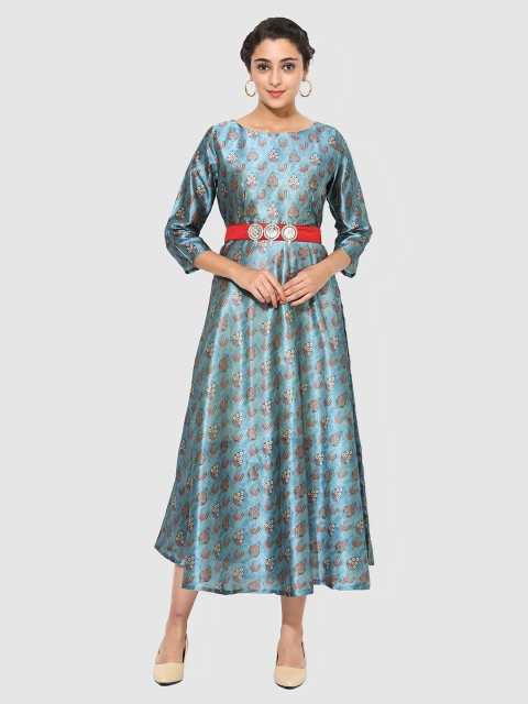 

Get Glamr Women Blue Printed Fit and Flare Silk Dress