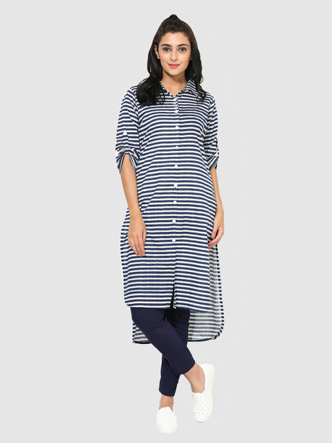 

Get Glamr Women Navy Blue & White Striped Straight Kurta