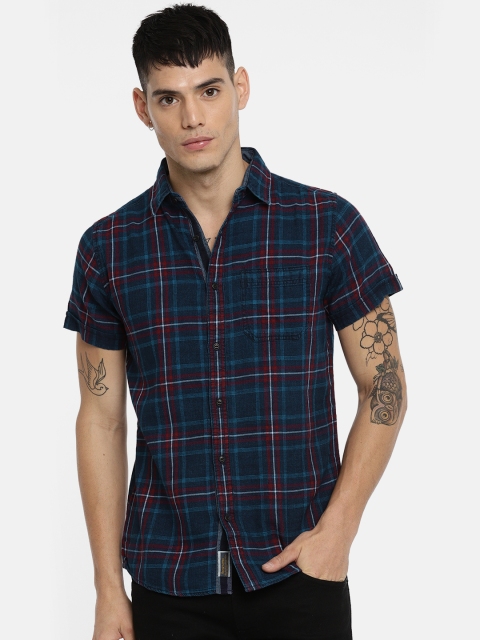 

Being Human Clothing Men Navy Blue & Red Slim Fit Checked Casual Shirt