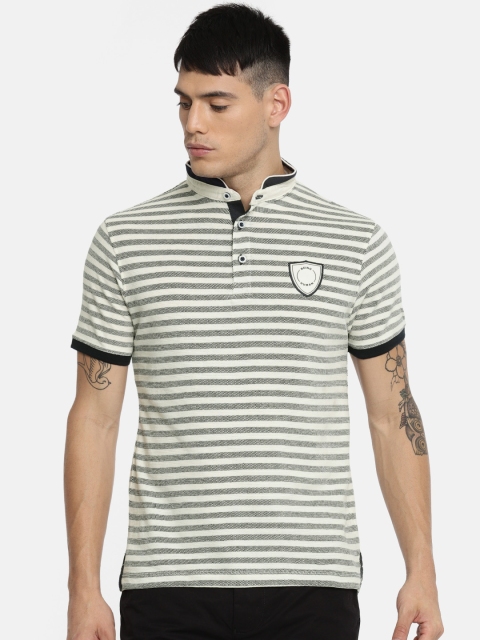 

Being Human Clothing Men Cream-Coloured & Navy Blue Striped Polo Collar T-shirt