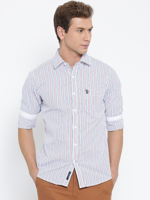 

U.S. Polo Assn. Men White & Pink Striped Tailored Fit Smart Casual Shirt