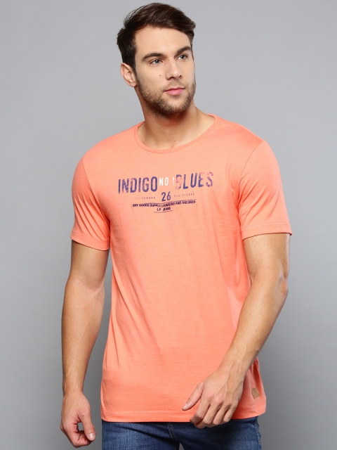 

Louis Philippe Jeans Men Coral Orange Printed Round Neck T-shirt