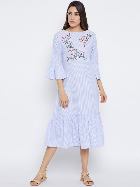 

Bitterlime Women Blue Striped Embroidered A-Line Dress