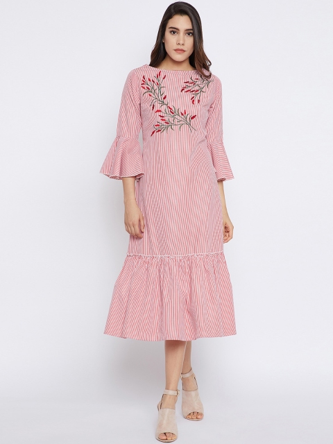 

Bitterlime Women Red Striped Embroidered A-Line Dress