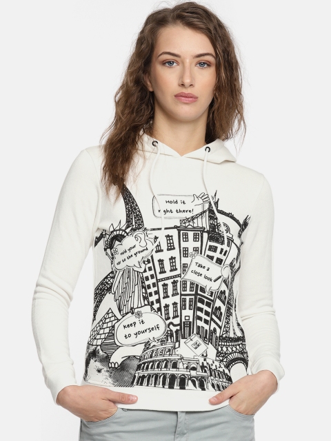 

Splash Women White & Black Printed Hooded Sweatshirt