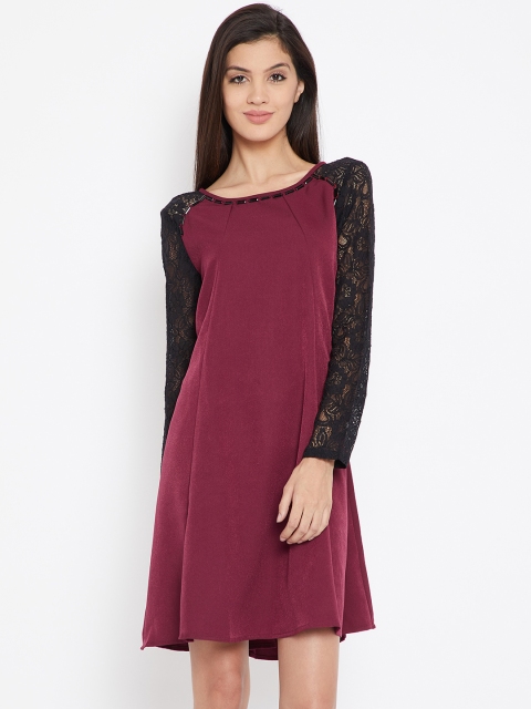 

Wills Lifestyle Women Burgundy Lace Detail A-Line Dress