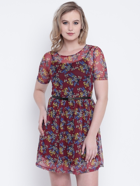 

Wills Lifestyle Women Maroon Floral Printed Semi Sheer Fit and Flare Dress