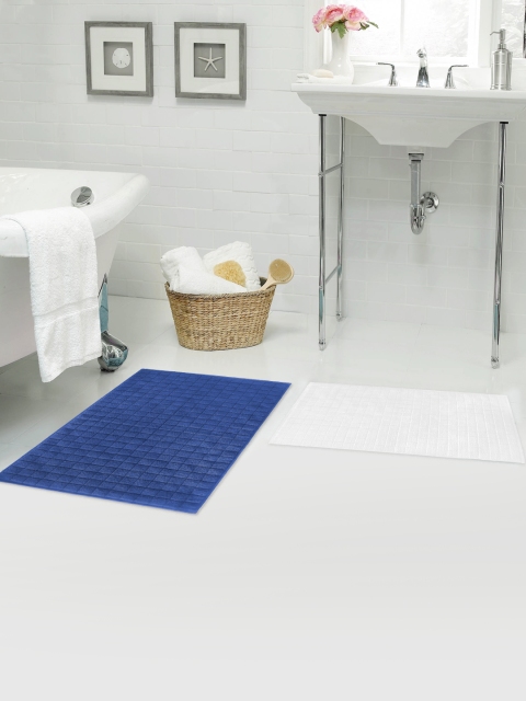 

swiss Republic Pack Of 2 Blue & White Rectangular 1000 GSM 100% Cotton Bath Mats