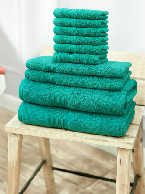 

Swiss Republic Green Solid Set Of 10 630 GSM Cotton Bath Towel