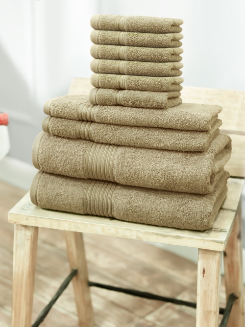 

Swiss Republic Olive Brown Solid Set Of 10 630 GSM Cotton Bath Towel
