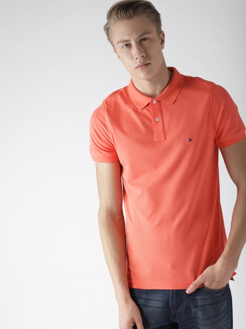 

Tommy Hilfiger Men Coral Orange Solid Polo Collar T-shirt