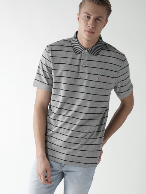 

Tommy Hilfiger Men Grey Melange Striped Polo Collar T-shirt
